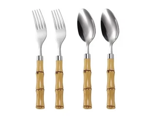 Bamboo Style Flatware Stainless Steel 8 Piece Cutlery set, 4 Forks and 4 Spoons - Picture 1 of 3
