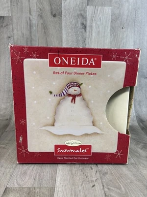 Oneida Snowmates Dinner Plates Set of 4 Hand Painted Earthenware Holiday Snowman - Image 1 of 4