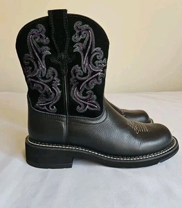 Ariat FatBaby Western Leather Boots Black/w Green & Purple Embroidery Women's 8B - Picture 1 of 15
