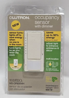 Lutron Occupancy Sensor With Dimmer- Light Almond Color Maestro MS-OP600MH-LA - Image 1 of 3