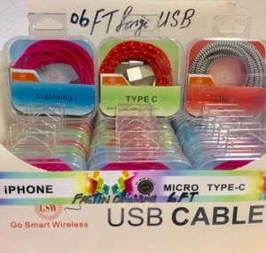 6 Ft Long  USB Data Sync Charging Cable with Crystal Box  Wholesale Lot - Picture 1 of 7