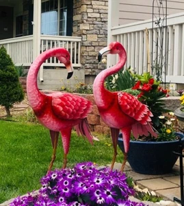Set of 2 Flamingo Garden Statues Metal Yard Lawn Art Bird Ornaments Figurines - Picture 1 of 7