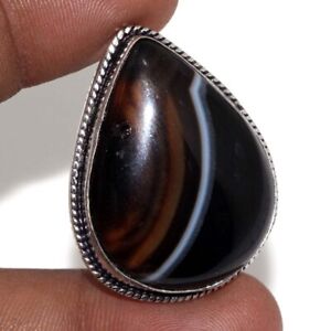 925 Silver Plated-Banded Black Onyx Ethnic Ring Jewelry US Size-7 JW