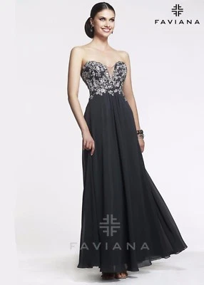 Vestido de graduación $398 Faviana s7325 negro/plateado floral detallado sin tirantes 2 6 Foto 1 de 4