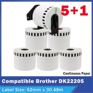 5+1 DK22205 Continuous Label Roll 62mm x 30.48m for Brother DK22205 QL800 QL1050 - Picture 1 of 8