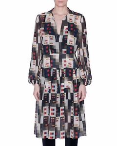 Vestido de seda estampado Akris Colorama cuello atado negro blanco cuadrados cuadrícula geométrico 10 - Imagen 1 de 17
