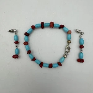 Boho Damen Rot Koralle / Blau Türkis Perlen Armband und Ohrringe Set Vintage - Bild 1 von 6