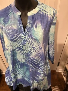 CHICO'S sz 2 Blues Teal Artsy pull-over 3/4 sleeve top Tie Dye Look - Picture 1 of 4
