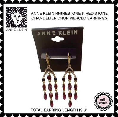 ANNE KLEIN DIAMANTES DE IMITACIÓN Y PIEDRA ROJA ARAÑA PENDIENTES PERFORADOS NUEVOS Foto 1 de 4