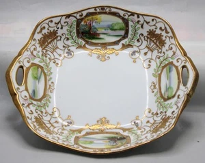 ANTIGUO PLATO MORIMURA/NORITAKE DOBLE MANGO PINTADO A MANO CON ESCENAS DE LAGO c1915 - Imagen 1 de 9