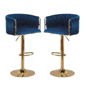 2x Height Adjustable Blue Swivel Bar Stool Velvet Golden Round Base Barstools Ch - Picture 1 of 9