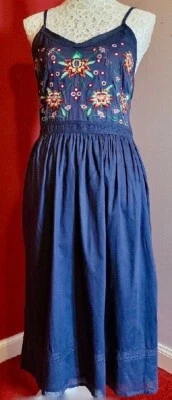Vestido JOE BROWNS 22 Azul Vintage Algodón Floral Bordado Forrado Midi Foto 1 de 4