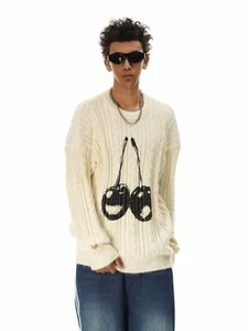 Niepce Streetwear Knit Sweater Cherry Graphic Beige Crewneck Sweatershirt - Picture 1 of 5