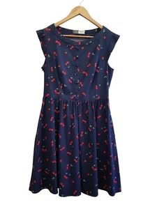JENNY FORD Fit And Flare Dress Pockets Retro Navy With Red Cherries Print Size L - Picture 1 of 20