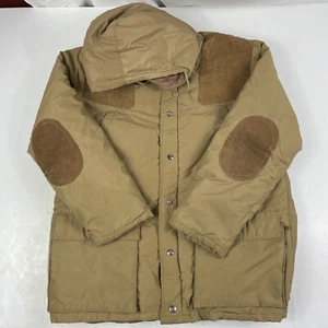 VINTAGE Camel Jacket Mens Medium Brown Down Puffer Hooded Full Zip Elbow Pads - Picture 1 of 14