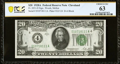 US 1928A $20 FRN Cleveland Numeric '4' FR 2051-D PCGS 63 CHOICE UNC - Image 1 of 2