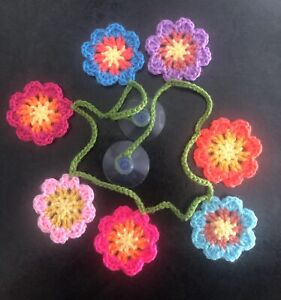 🌸 NEW Bright Hand Crochet Flowers Bunting Window Sequins Boho Camper Hippy Gift