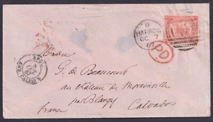 1867 4d Vermilion SG94 Pl 8 KC HARROW Duplex to Calvados France VFU - Picture 1 of 2