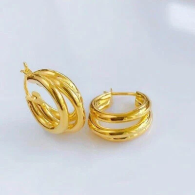 Pendientes de aro de tres círculos de la suerte de oro amarillo real puro de 18 quilates AU750 para mujer Foto 1 de 4