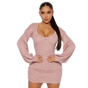 Fashion Nova Serenity Mauve Pink Long Puff Sleeve  Bodycon Mini Dress Size Large - Picture 1 of 3