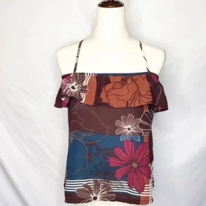 O’Neill Tank Top Juniors Size M Floral Straps Criss Cross Ruffle Brown Blue - Picture 1 of 11