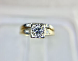 Vintage 14k Yellow Gold Round Single Cut Natural Diamond Wedding Ring Set 1/4 ct