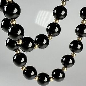 Vintage 14k Gold Round Black Onyx Gemstone Bead Necklace Matching Bracelet Set