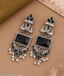 Ethnic Silver Touch Pearl Jhumka Earring Oxidized Inspired Function Jhumka - Picture 1 of 11