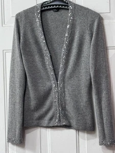 Cárdigan suéter Robert Michaels cachemir talla S gancho y ojo gris con cuentas - Imagen 1 de 12