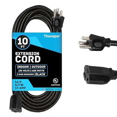 10 Ft Black Extension Cord - 16/3 Electrical Cable with 3 Prong Grounded Plug - Image 1 of 4