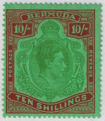 Bermuda 1943 KG VI SG 119c 10/- Yellow Green & Deep Carmine on Green P14 MNH GEM - Image 1 of 3