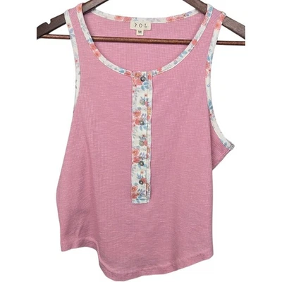 Camiseta sin mangas POL rosa acanalada floral con botones Boho espalda deportiva para mujer M Foto 1 de 4