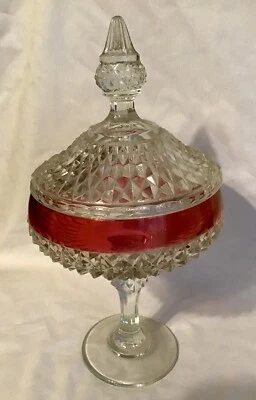 VINTAGE INDIANA RUBY GLASS DIAMOND POINT PEDESTAL CANDY DISH WITH LID - Image 1 of 3