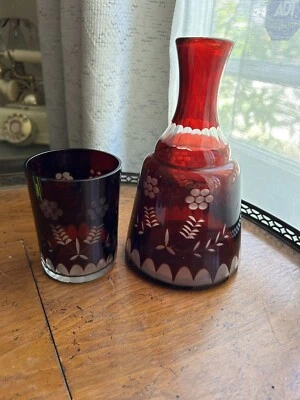 Bohemian Ruby Red Etched  Glass Decanter ￼with Matching Tumbler - Image 1 of 4