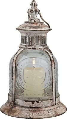 Antique Metal Votive Candle Lantern with Handle Worn White Centerpiece Decor - Image 1 of 4