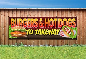 BURGERS & HOTDOGS ZUM MITNEHMEN PVC bedruckt BANNER OUTDOOR WASSERDICHT SCHILD Ösen - Bild 1 von 2