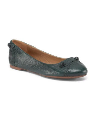 NIB BALENCIAGA Made In Italy Green Leather Arena Brogue Ballerina Flat Size 35.5 - Image 1 of 3
