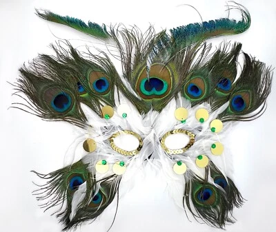 Half Face Eye Mask w/ Peacock Feathers Masquerade Mardi Gras Costume Party - Image 1 of 2