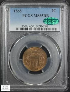 1868 Copper Two Cent Piece 2C PCGS MS 65 RB Red-Brown CAC - Picture 1 of 5