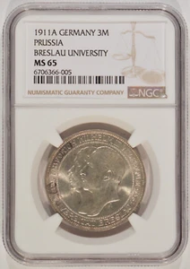1911-A Germany Silver 3 Mark Prussia Breslau University NGC MS65 6706366-005 - Picture 1 of 4