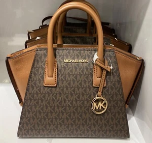 Michael Kors Avril Small Top Zip MK SIGNATURE BROWN Black Satchel Crossbody Bag - Picture 1 of 27