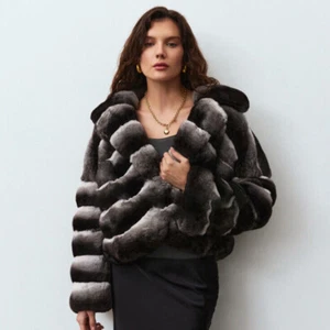 Cappotto donna vera pelliccia di coniglio rex cincillà spesso caldo giacca invernale corto cappotto - Foto 1 di 8