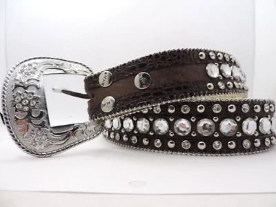 BHW Brown Leather Western Belt Cowgirl Beaded Rhinestones Studded Size M - Image 1 of 4