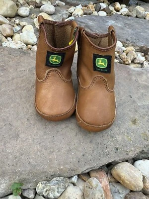John Deere / Dan Post Infant Baby Leather Brown Green Western Boots NWOB Sz 2M  - Image 1 of 4