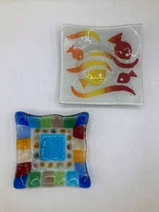 Fused Glass Trinket Dishes. 4”sq. One W/millifiore-set of 2 - Picture 1 of 7