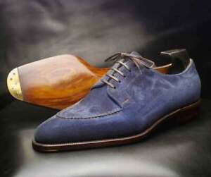 Handmade Goodyear Welted Blue Suede Derby Lace Up Office Dress Formal shoes