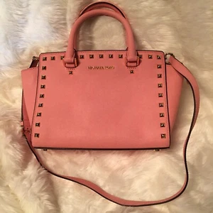 $428 Michael Kors Studded Selma Saffiano Leather Pink Grapefruit Satchel Handbag - Picture 1 of 10