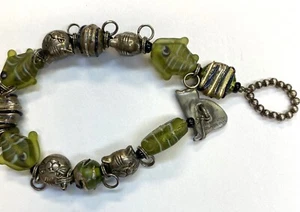 Danforth Glass Beaded BRACELET 9" Green Fish, Cat Beads ~ Pewter Vtg 1991 ~ RARE - Picture 1 of 2
