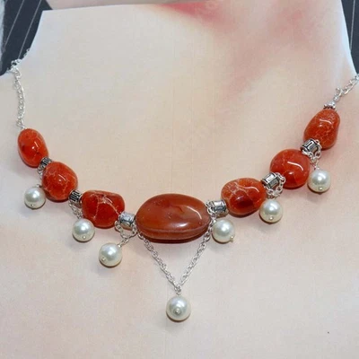 925 Silver Plated Awesome Carnelian Pearl Beaded Necklace Gemstone 18" GW - Image 1 of 3