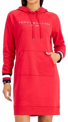Tommy Hilfiger Logo Sweatshirt Dress Hoodie Sz M Red Cozy Streetwear Comfort - Image 1 of 4